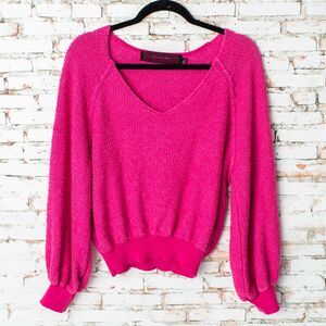 Code X Mode Womens M Hot Pink Boucle Knit Sweater V Neck Balloon Sleeve Pullover